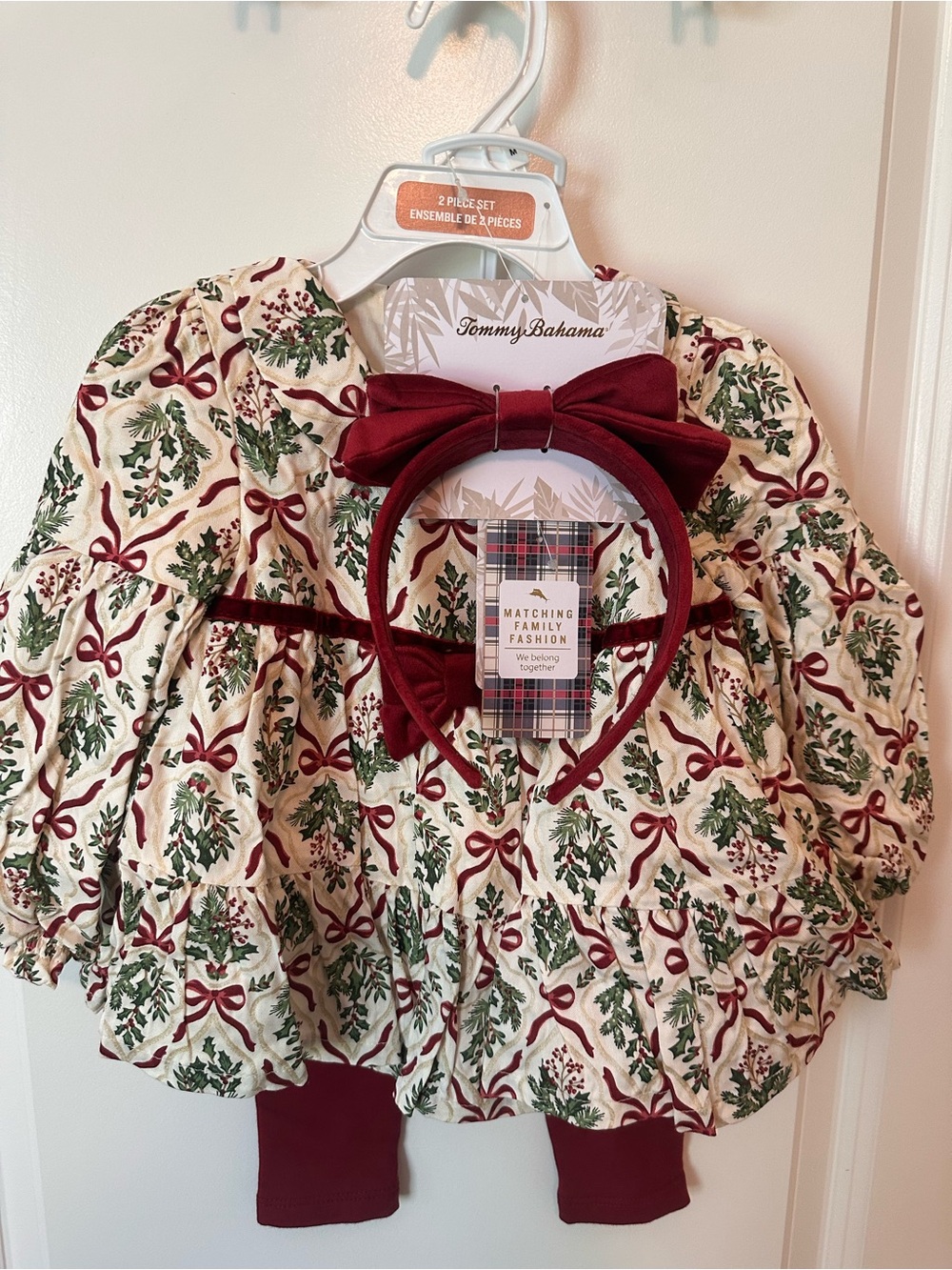 Tommy Bahama Cream Holiday Dress Set with Burgundy Bow - Picture 1 of 4